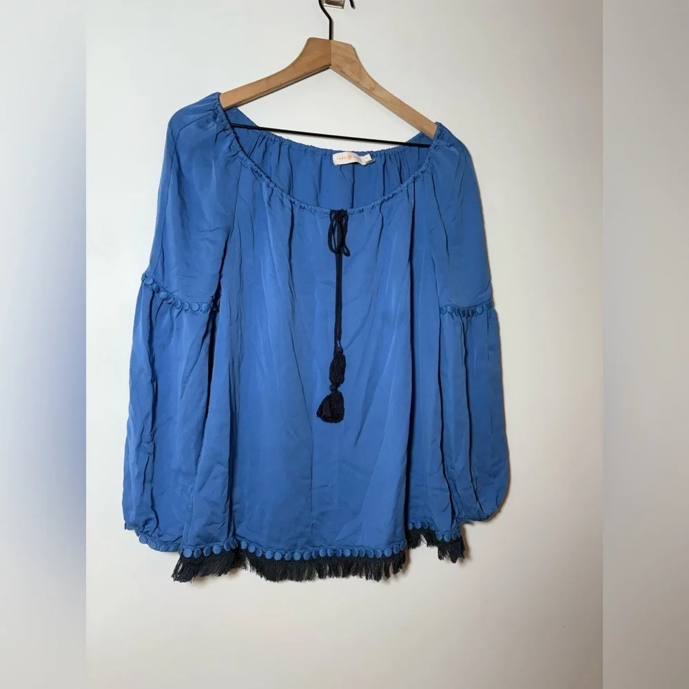 TORY BURCH Blue Silk Fringe Long Sleeves SYLVIE Blouse Size 4 $325